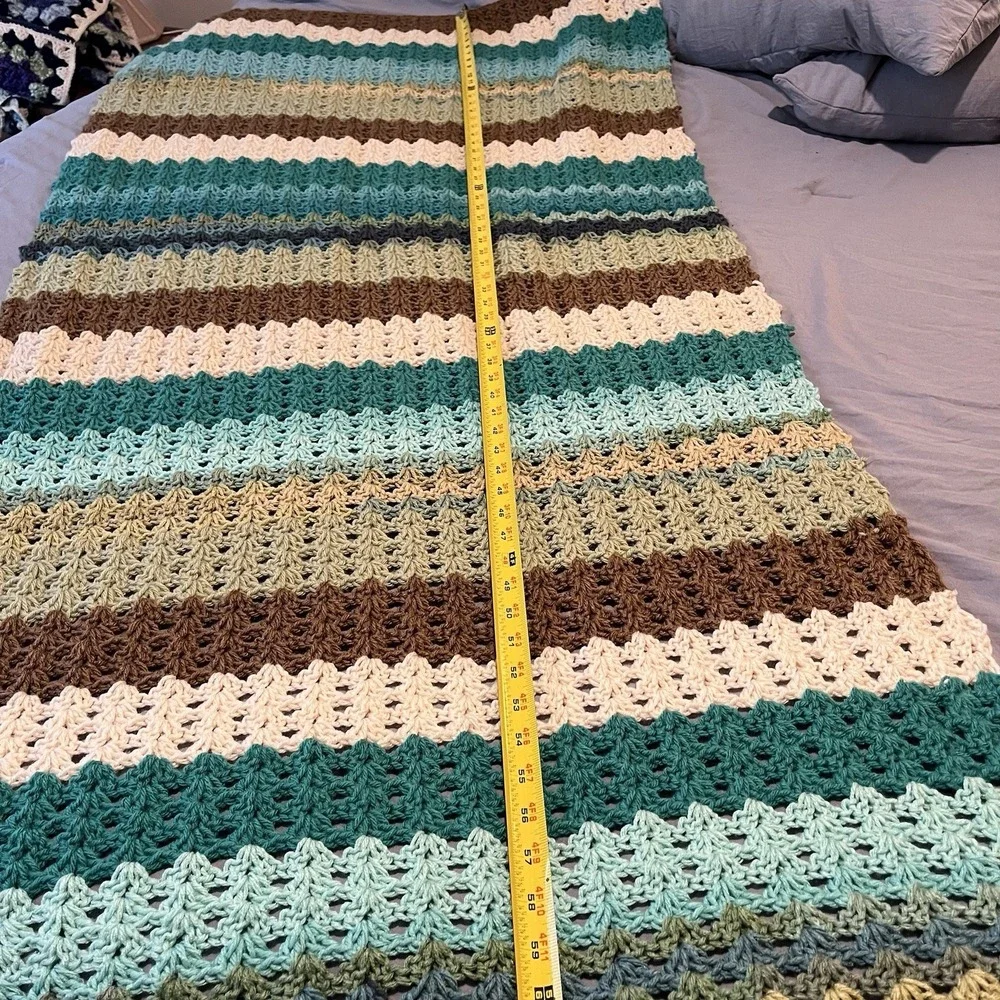 Crocheted Striped Throw Blanket afghan 65 x 28 earth tone cottage core